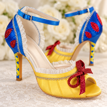 Load image into Gallery viewer, Snow White Inspired Wedding Shoes | Yellow &amp; Blue Satin Heels
