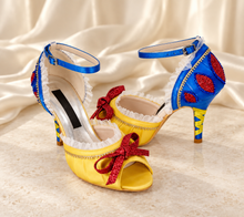 Load image into Gallery viewer, Snow White Inspired Wedding Shoes | Yellow &amp; Blue Satin Heels
