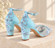 Load image into Gallery viewer, Something Blue Butterfly Bridal Shoes | Light Blue Embroidered Mesh Block Heels
