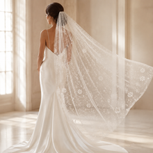 Load image into Gallery viewer, Sparkling Floral Wedding Veil – Embroidered Off-White Tulle Veil with Silver Glitter Flowers
