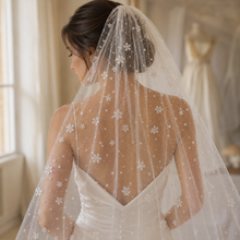 Load image into Gallery viewer, Sparkling Floral Wedding Veil – Embroidered Off-White Tulle Veil with Silver Glitter Flowers
