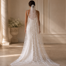 Load image into Gallery viewer, Sparkling Floral Wedding Veil – Embroidered Off-White Tulle Veil with Silver Glitter Flowers
