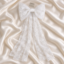 Load image into Gallery viewer, Sparkling Floral Embroidered Bridal Bow Veil | White Tulle Hair Bow
