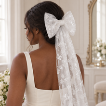 Load image into Gallery viewer, Sparkling Floral Embroidered Bridal Bow Veil | White Tulle Hair Bow
