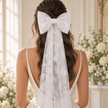 Load image into Gallery viewer, Sparkling Floral Embroidered Bridal Bow Veil | White Tulle Hair Bow
