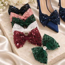 Load image into Gallery viewer, Sparkling Sequin Bow Shoe Clips – Pearl Tulle Bridal Shoe Bows
