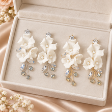 Load image into Gallery viewer, White Floral Statement Bridal Earrings – Silver or Gold Crystal Drops
