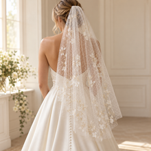 Load image into Gallery viewer, Luxury Swiss Dot Floral Wedding Veil – White Flower &amp; Gold Embroidered Bridal Veil
