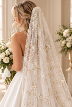 Load image into Gallery viewer, Luxury Swiss Dot Floral Wedding Veil – White Flower &amp; Gold Embroidered Bridal Veil
