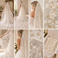 Load image into Gallery viewer, Luxury Swiss Dot Floral Wedding Veil – White Flower &amp; Gold Embroidered Bridal Veil
