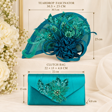 Load image into Gallery viewer, Teal Satin Clutch Bag &amp; Fascinator Matching Set | Handmade Bridal Wedding Guest Hat and Bag
