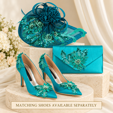 Load image into Gallery viewer, Teal Satin Clutch Bag &amp; Fascinator Matching Set | Handmade Bridal Wedding Guest Hat and Bag
