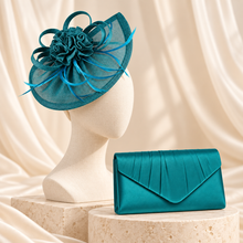 Load image into Gallery viewer, Teal Satin Clutch Bag &amp; Fascinator Set | Wedding Guest &amp; Mother of the Bride Accessories
