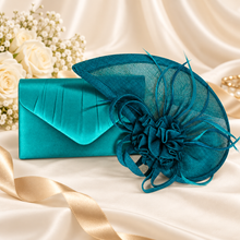 Load image into Gallery viewer, Teal Satin Clutch Bag &amp; Fascinator Set | Wedding Guest &amp; Mother of the Bride Accessories
