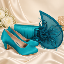 Load image into Gallery viewer, Teal Satin Clutch Bag &amp; Fascinator Set | Wedding Guest &amp; Mother of the Bride Accessories
