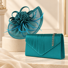 Load image into Gallery viewer, Teal Satin Clutch Bag &amp; Fascinator Set | Wedding Guest &amp; Mother of the Bride Accessories
