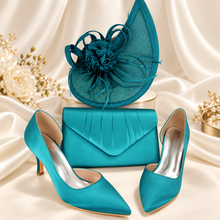 Load image into Gallery viewer, Teal Satin Clutch Bag &amp; Fascinator Set | Wedding Guest &amp; Mother of the Bride Accessories
