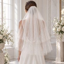 Load image into Gallery viewer, Two-Tier Pearl &amp; Crystal Glitter Veil – Fingertip Length
