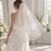 Load image into Gallery viewer, Two-Tier Pearl &amp; Crystal Glitter Veil – Fingertip Length
