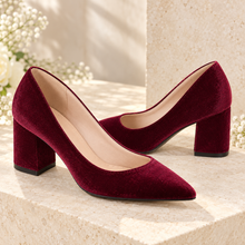 Load image into Gallery viewer, Velvet Block Heel Wedding Shoes | Green, Red or Black
