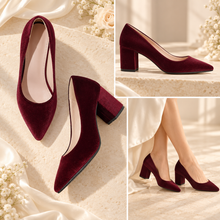 Load image into Gallery viewer, Velvet Block Heel Wedding Shoes | Green, Red or Black
