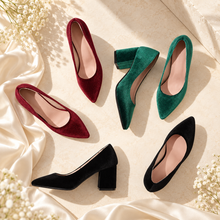 Load image into Gallery viewer, Velvet Block Heel Wedding Shoes | Green, Red or Black

