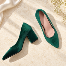 Load image into Gallery viewer, Velvet Block Heel Wedding Shoes | Green, Red or Black
