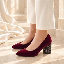 Load image into Gallery viewer, Velvet Block Heel Wedding Shoes | Green, Red or Black
