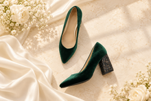 Load image into Gallery viewer, Velvet Block Heel Wedding Shoes | Green, Red or Black
