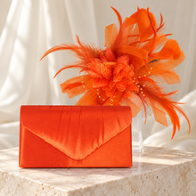 Load image into Gallery viewer, Orange Fascinator &amp; Satin Clutch Bag Set – Handmade Wedding Guest Accessories
