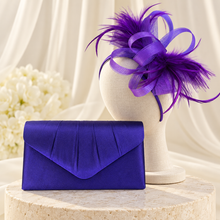 Load image into Gallery viewer, Purple Fascinator &amp; Satin Clutch Bag Set – Handmade Wedding Guest Accessories
