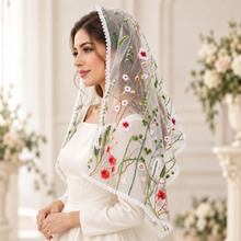 Load image into Gallery viewer, White Floral Embroidered Mantilla Veil &amp; Bridal Shawl
