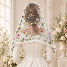 Load image into Gallery viewer, White Floral Embroidered Mantilla Veil &amp; Bridal Shawl

