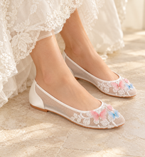 Load image into Gallery viewer, White Butterfly Bridal Ballet Flats | Embroidered Mesh Wedding Shoe
