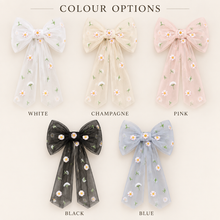 Load image into Gallery viewer, Embroidered Daisy Tulle Bridal Hair Bow with Long Tails
