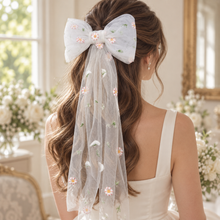 Load image into Gallery viewer, Embroidered Daisy Tulle Bridal Hair Bow with Long Tails
