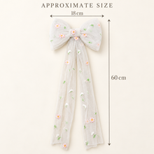 Load image into Gallery viewer, Embroidered Daisy Tulle Bridal Hair Bow with Long Tails
