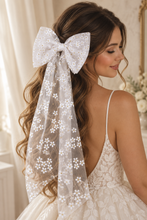 Load image into Gallery viewer, White Daisy Embroidered Tulle Bridal Hair Bow – 60cm Bow Veil
