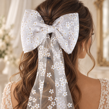 Load image into Gallery viewer, White Daisy Embroidered Tulle Bridal Hair Bow – 60cm Bow Veil
