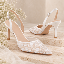 Load image into Gallery viewer, Bridal White Floral Beaded Wedding Heels | Sling Back, Ankle Strap or Leg Tie
