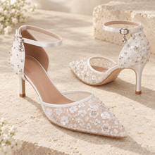 Load image into Gallery viewer, Bridal White Floral Beaded Wedding Heels | Sling Back, Ankle Strap or Leg Tie
