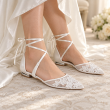 Load image into Gallery viewer, Floral Embroidered Lace Flat Wedding Shoes – Pointed Toe Bridal Flats
