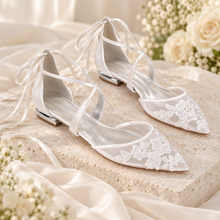 Load image into Gallery viewer, Floral Embroidered Lace Flat Wedding Shoes – Pointed Toe Bridal Flats

