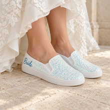 Load image into Gallery viewer, White Glitter Bridal Slip-On Trainers with Personalised Detail
