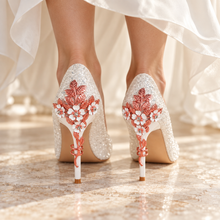 Load image into Gallery viewer, White Glitter Wedding Shoes with Rose Gold Cherry Blossom Heels
