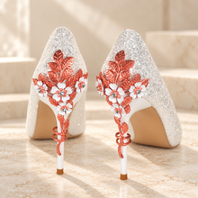 Load image into Gallery viewer, White Glitter Wedding Shoes with Rose Gold Cherry Blossom Heels
