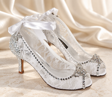 Load image into Gallery viewer, White Lace Bridal Heels with Crystal Butterflies | Cinderella Inspired
