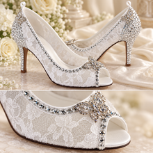 Load image into Gallery viewer, White Lace Bridal Heels with Crystal Butterflies | Cinderella Inspired
