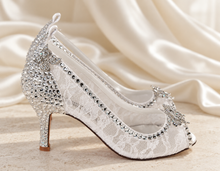 Load image into Gallery viewer, White Lace Bridal Heels with Crystal Butterflies | Cinderella Inspired
