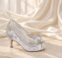 Load image into Gallery viewer, White Lace Bridal Heels with Crystal Butterflies | Cinderella Inspired
